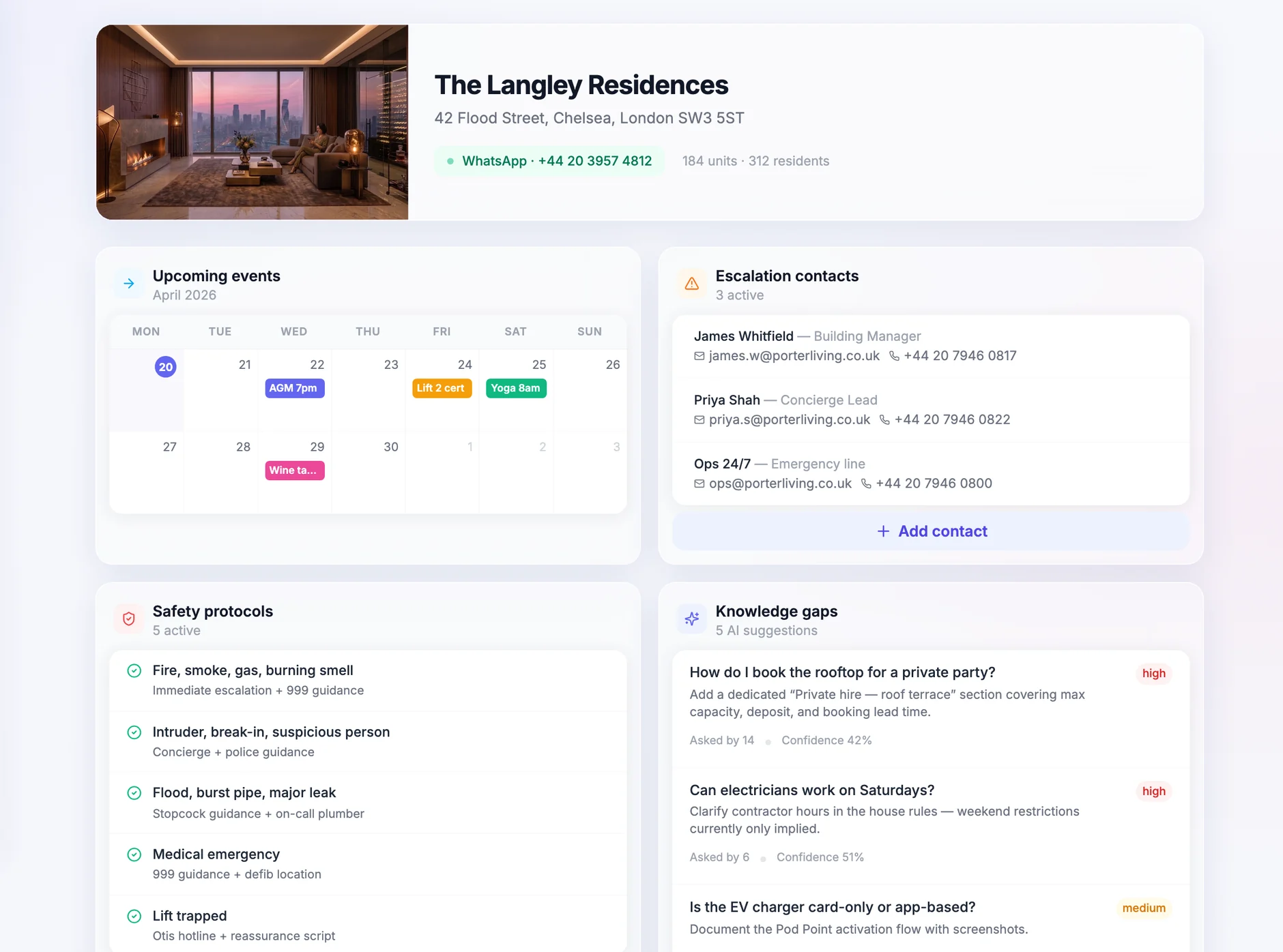Belport AI operator dashboard — building overview, upcoming events, escalation contacts, safety protocols and AI-detected knowledge gaps